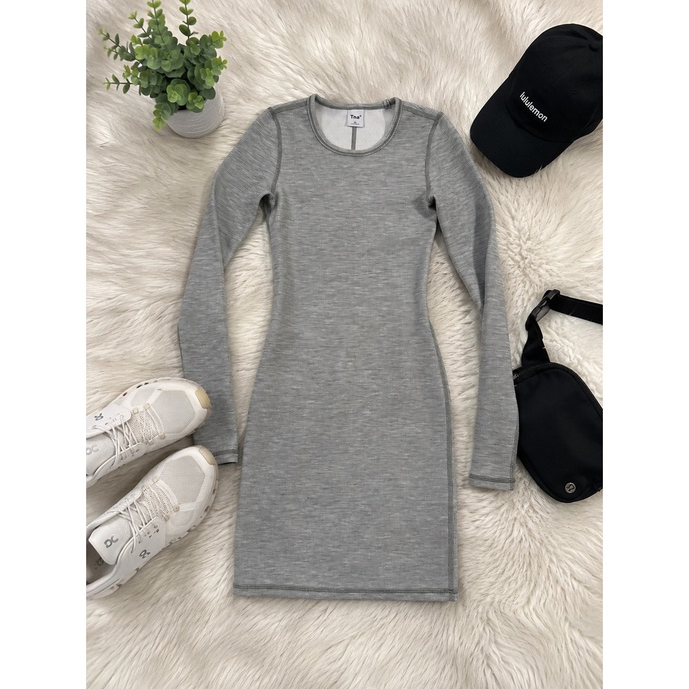 Tna Aritzia Heather Grey Thermal Waffle Knit Long Sleeve‎ Mini Dress XXS